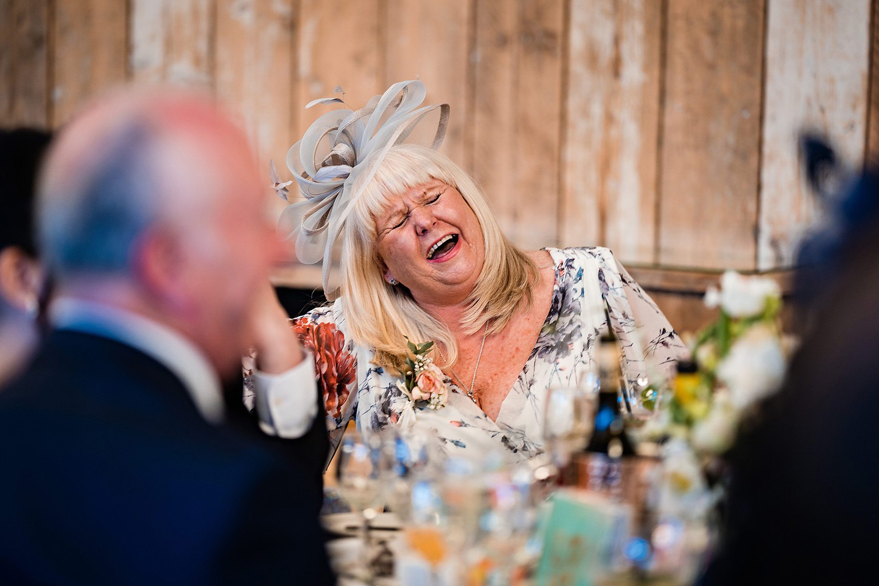 Brides mum laughing at Foxtail barns in Staffordshire